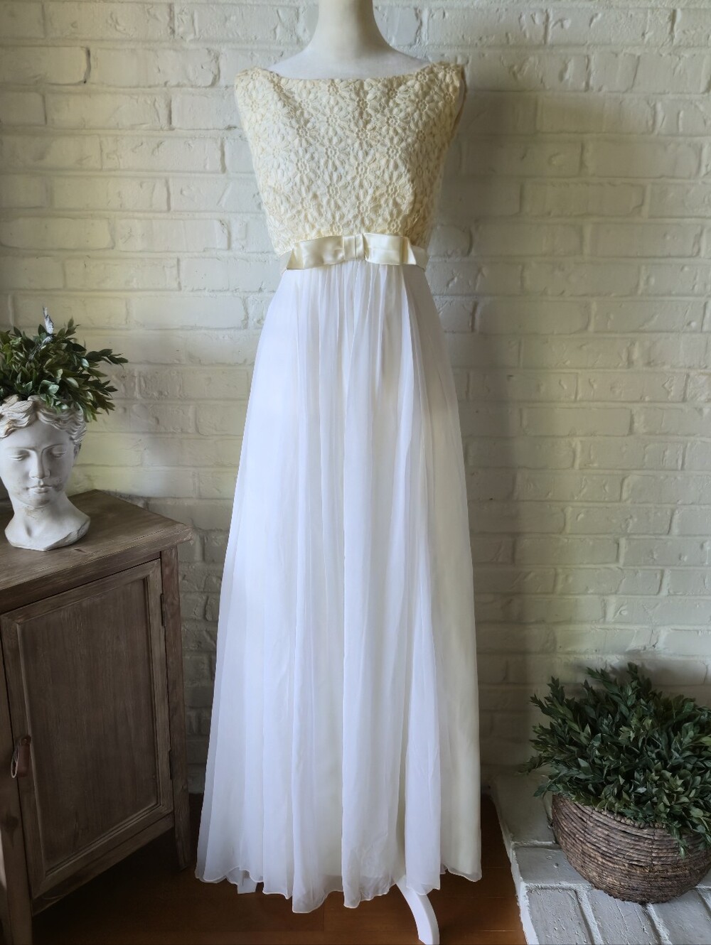 Vtg 60s Embroidered Floral Maxi Dress With Bow Detail, Chiffon, Party, Bridal